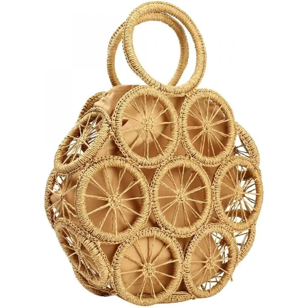 Women Straw Shoulder Bag Large Capacity Beach Tote Lemon Pattern Cotton Polyeste
